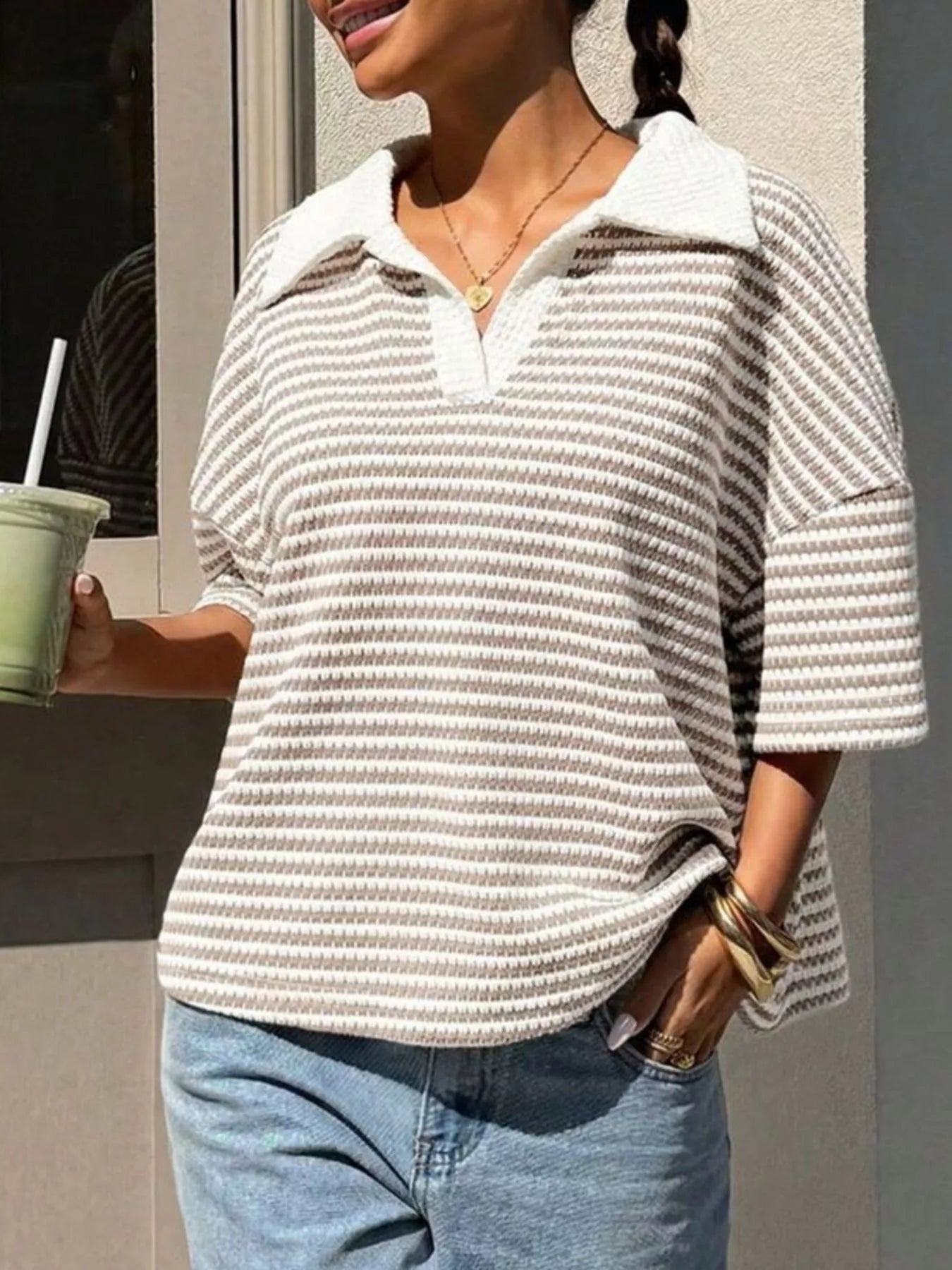 Striped Knit 3/4 Sleeve Polo Top