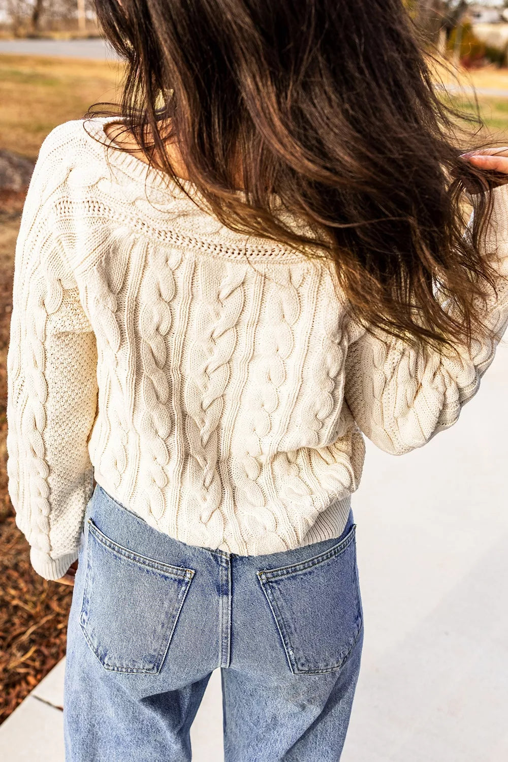 Drop Shoulder Round Neck Cable Knit Sweater