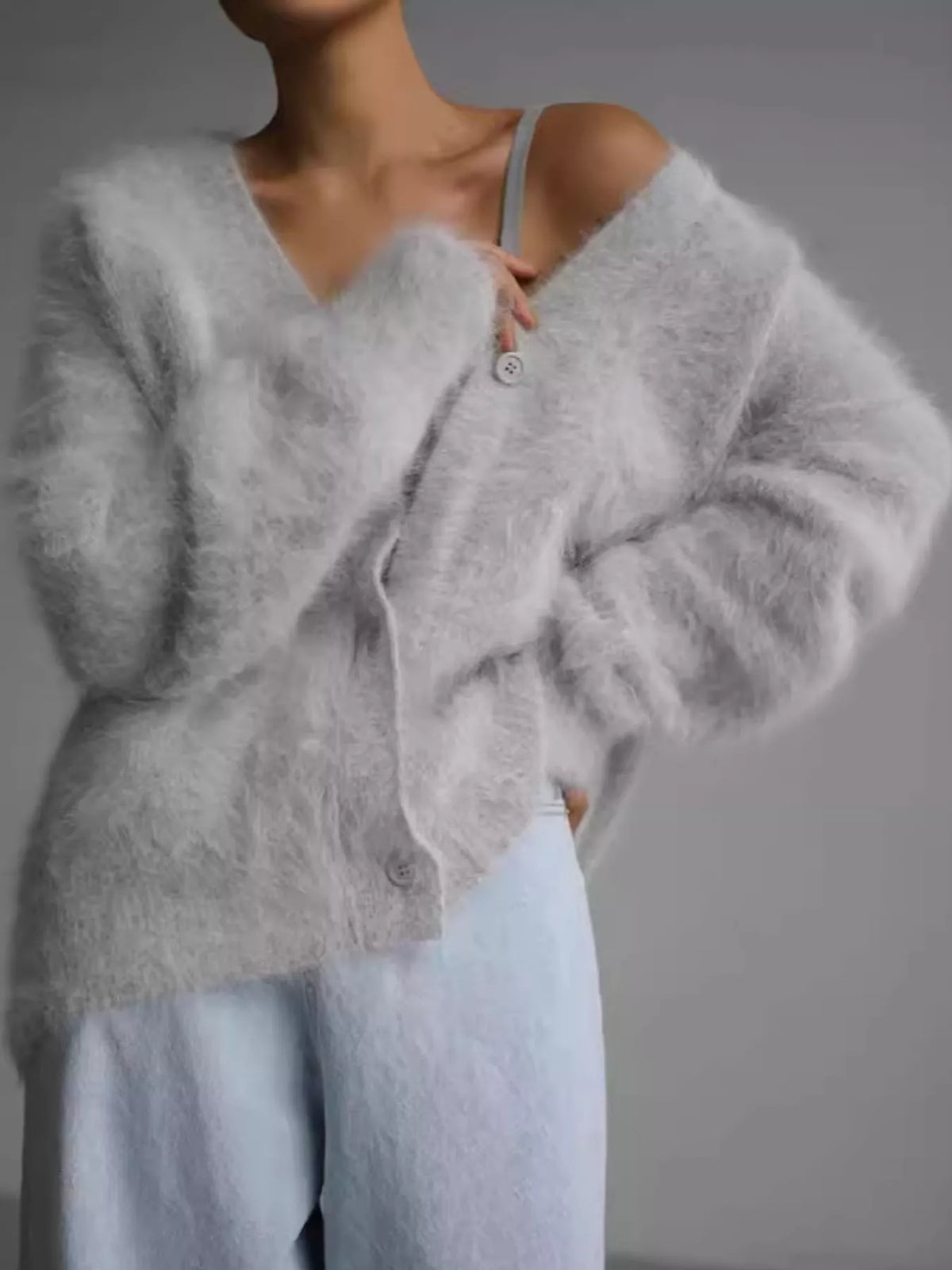 Fuzzy V-Neck Button-Down Cardigan
