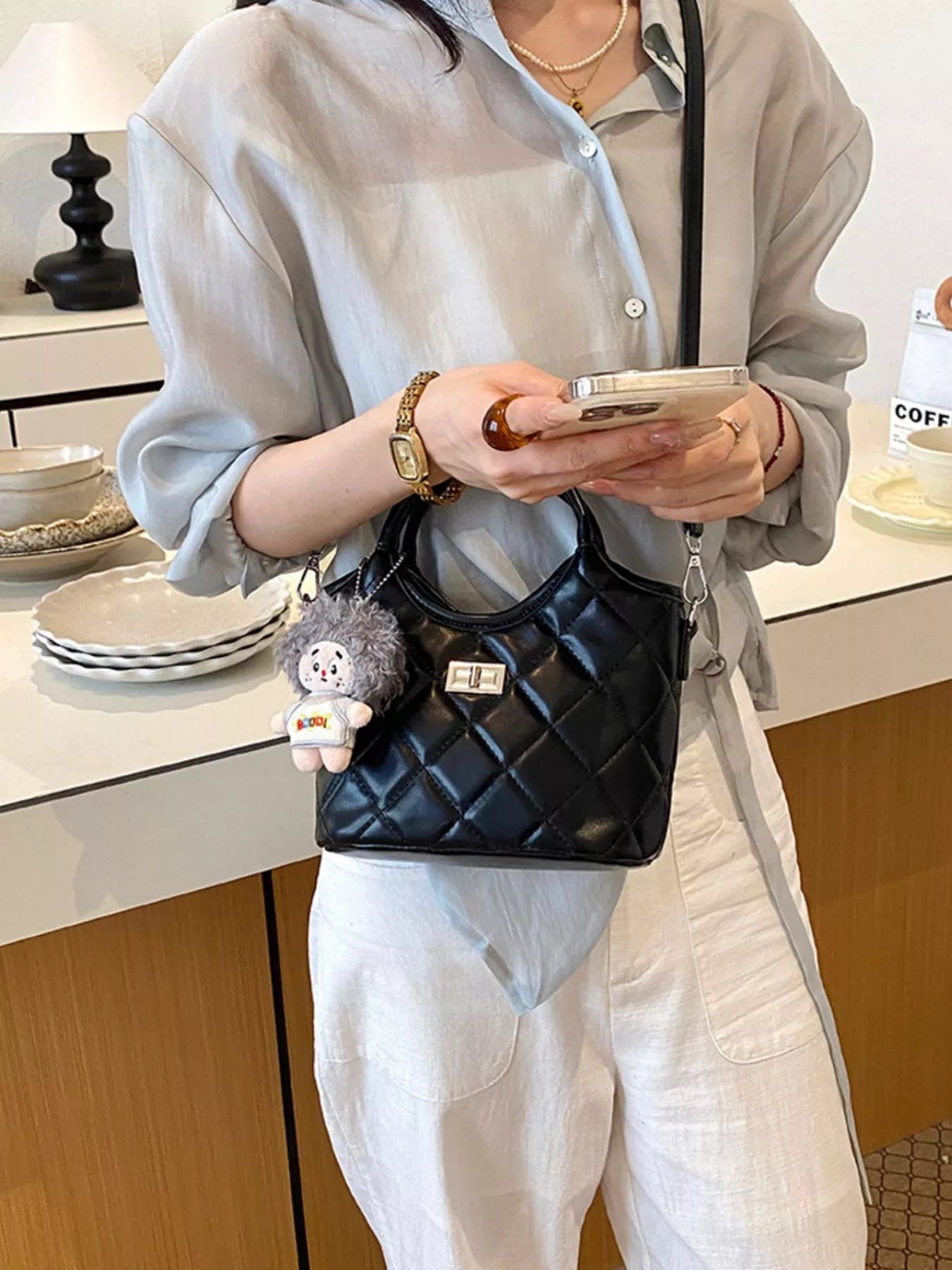 Quilted Crossbody Bag with Plush Charm