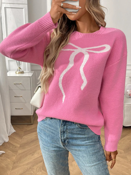 Bow Graphic Ribbed Hem Round Neck Sweater