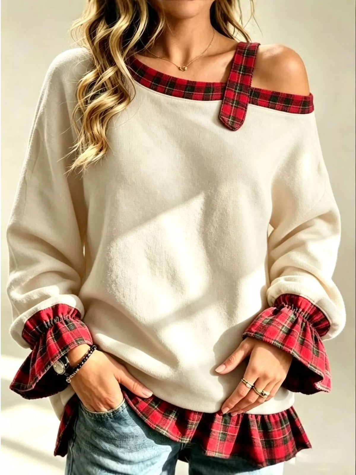 Full Size Cold-Shoulder Plaid Patchwork Long Sleeve Top Plus Size