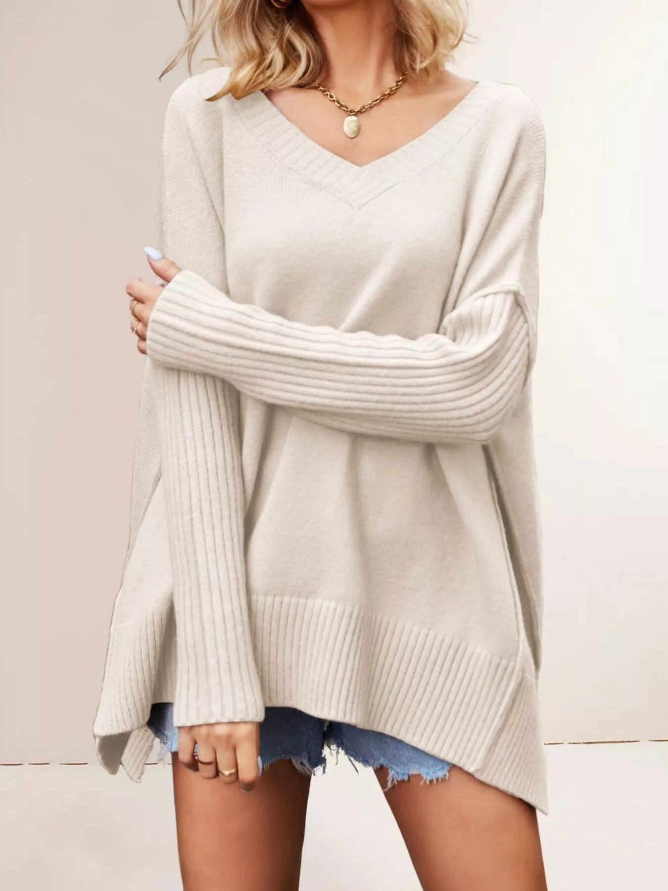 V-Neck Ribbed Sleeve Sweater