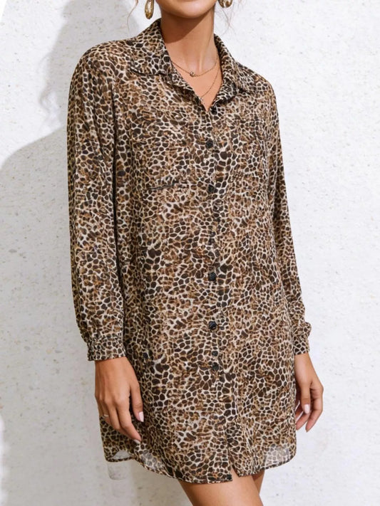 Leopard Print Button-Up Long Sleeve Oversized Shirt