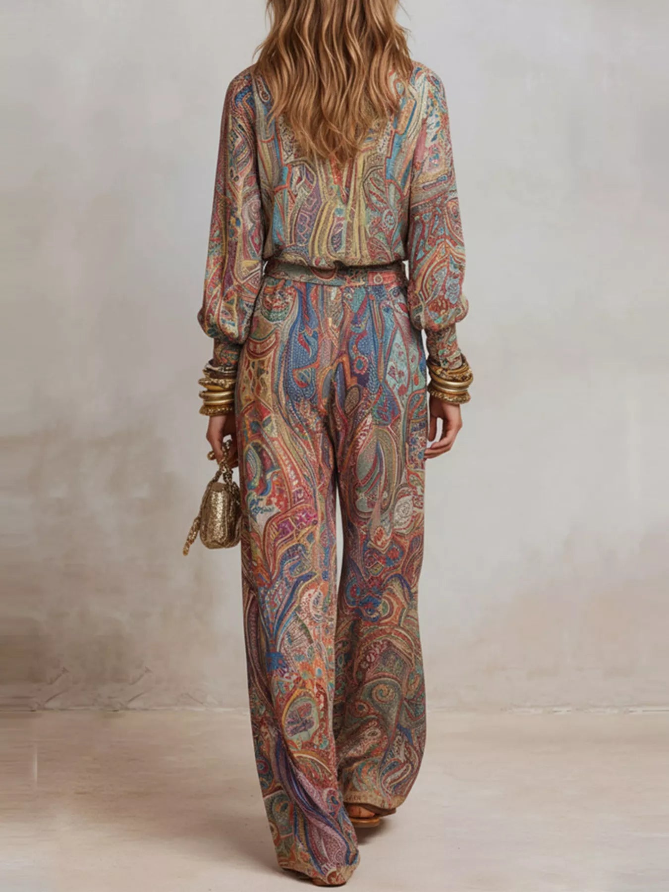 Paisley Print Long Sleeve Top and Pants Set