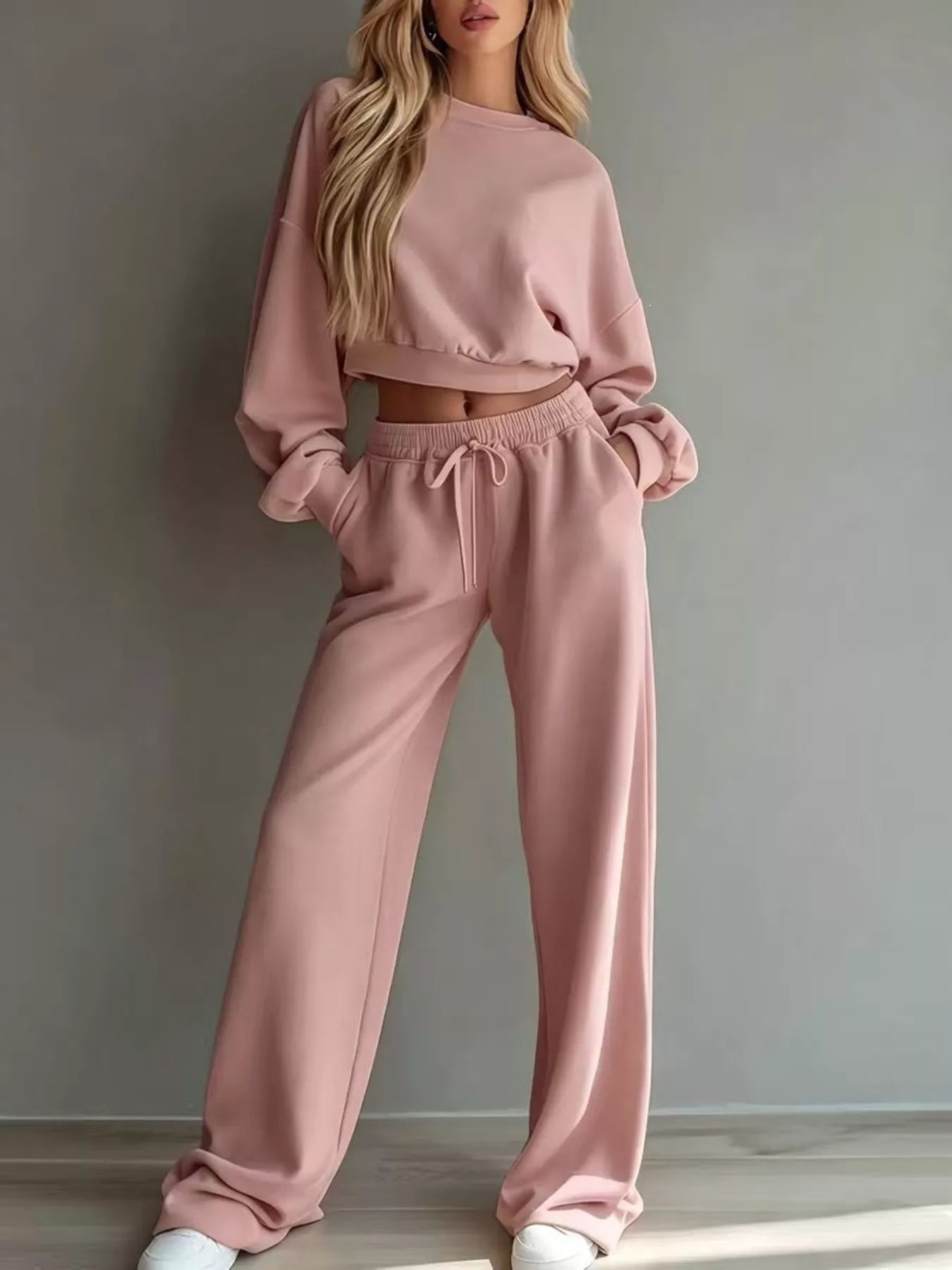 Round Neck Cropped Sweatshirt and Wide-Leg Pants Set