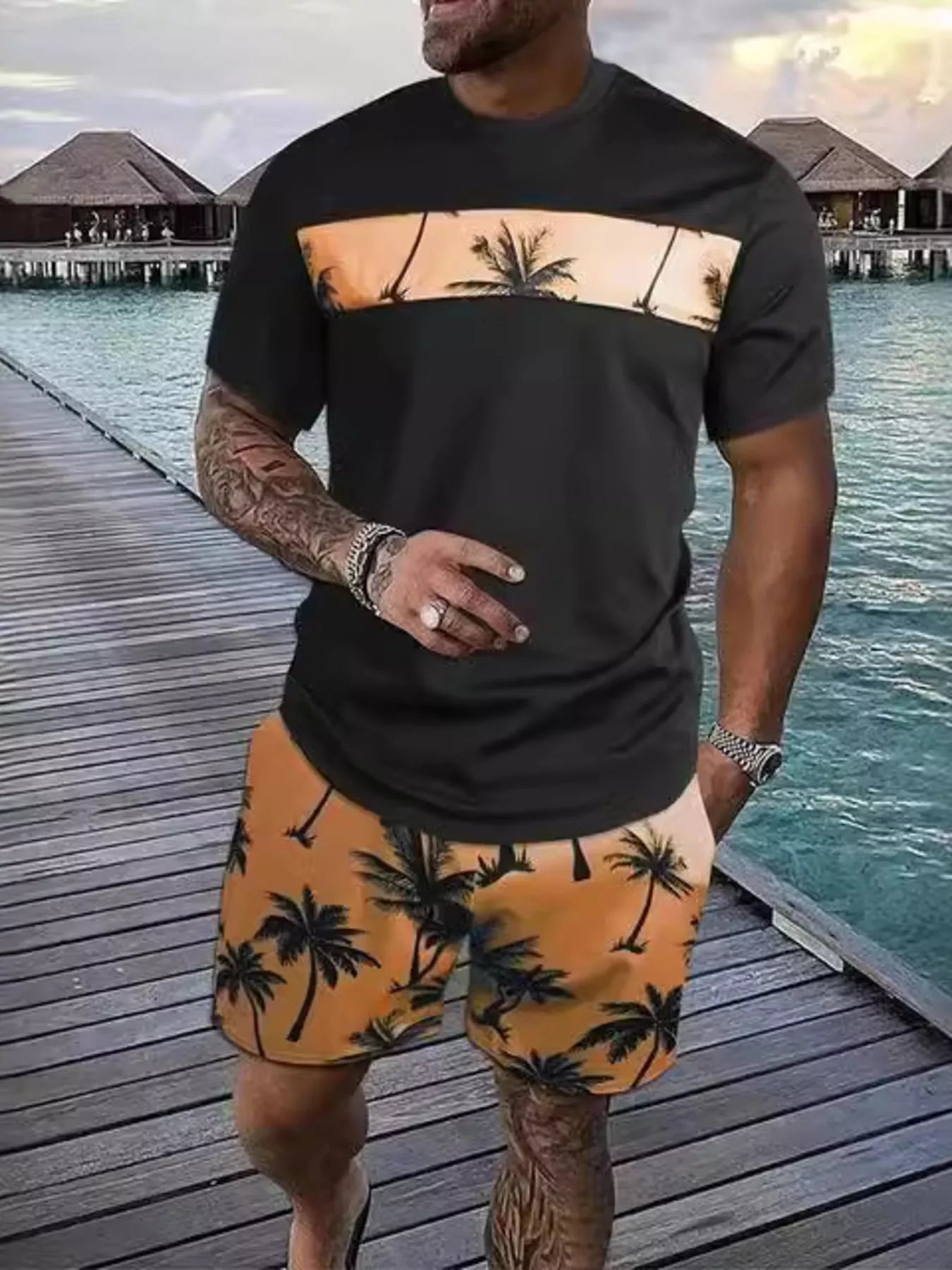 Men's Full Size Tropical Palm Tree Tee and Shorts Set Plus Size
