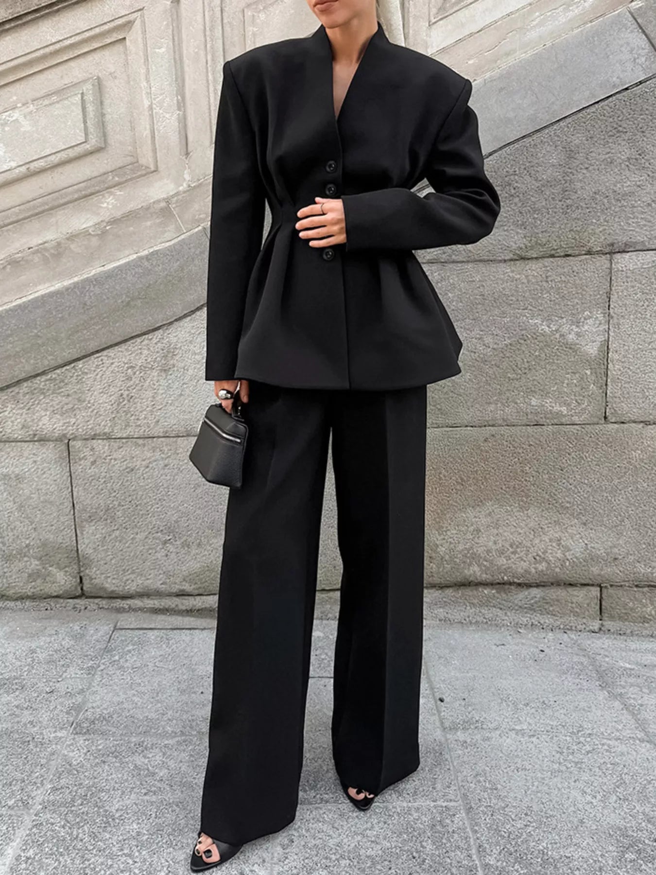 Chic Button Down Pleated Blazer and Wide-Leg Pants Suit Set