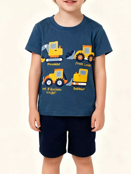 Children's Construction Vehicle Graphic Short Sleeve T-Shirt