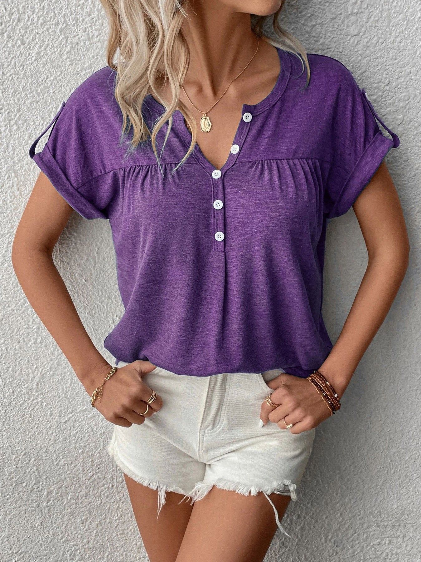 Full Size Casual V-Neck Henley Top with Rolled Sleeves Plus Size