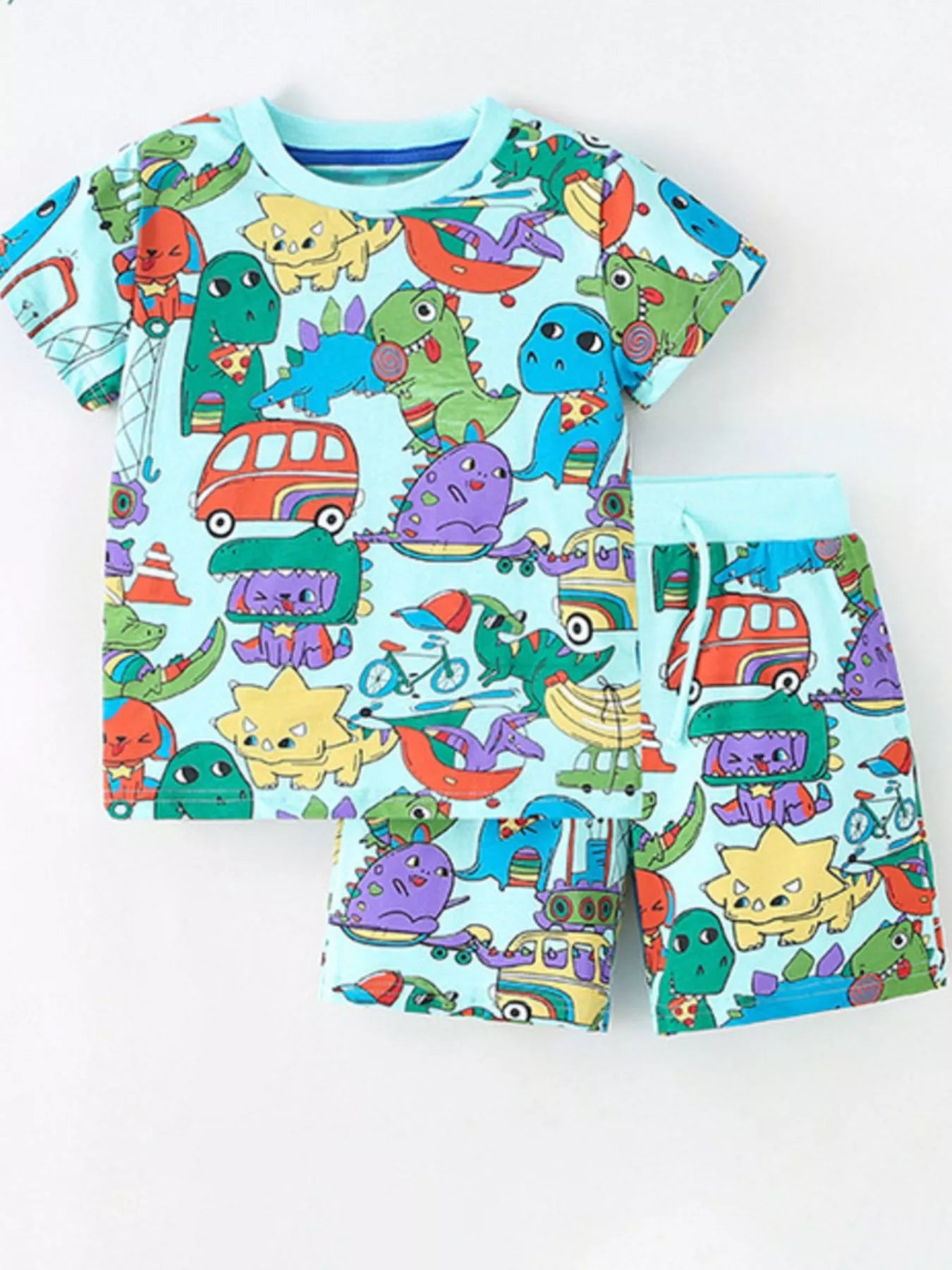 Children's Cartoon Dinosaur Round Neck Top and Shorts Set