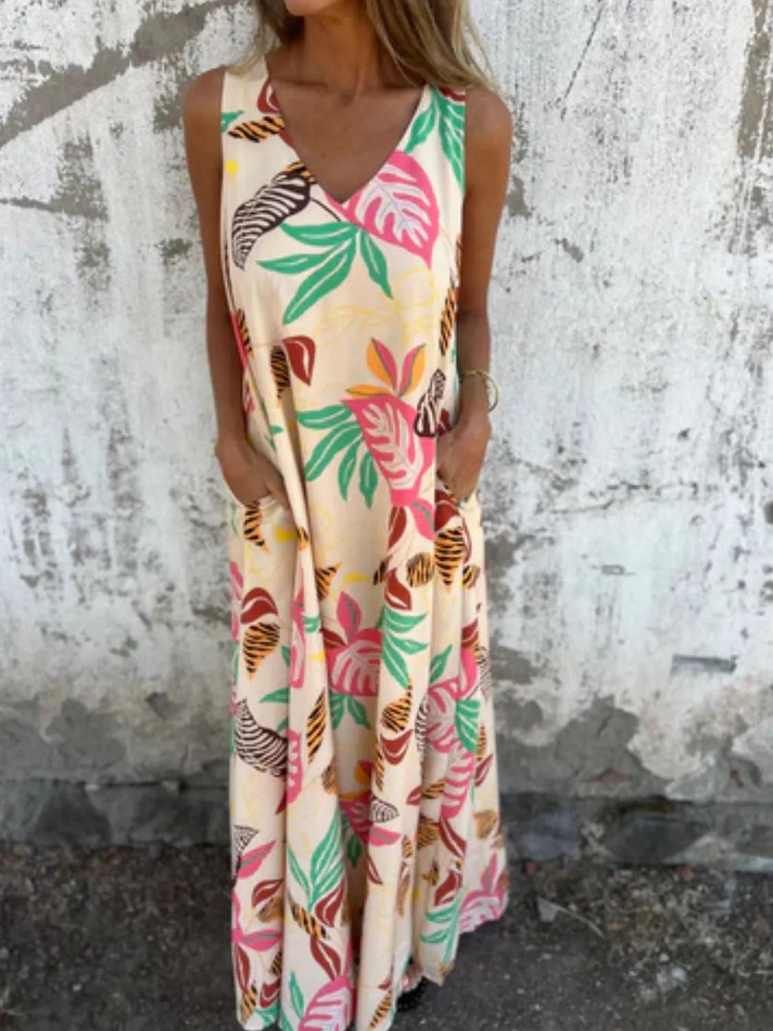 Full Size Printed V-Neck Sleeveless Dress Plus Size