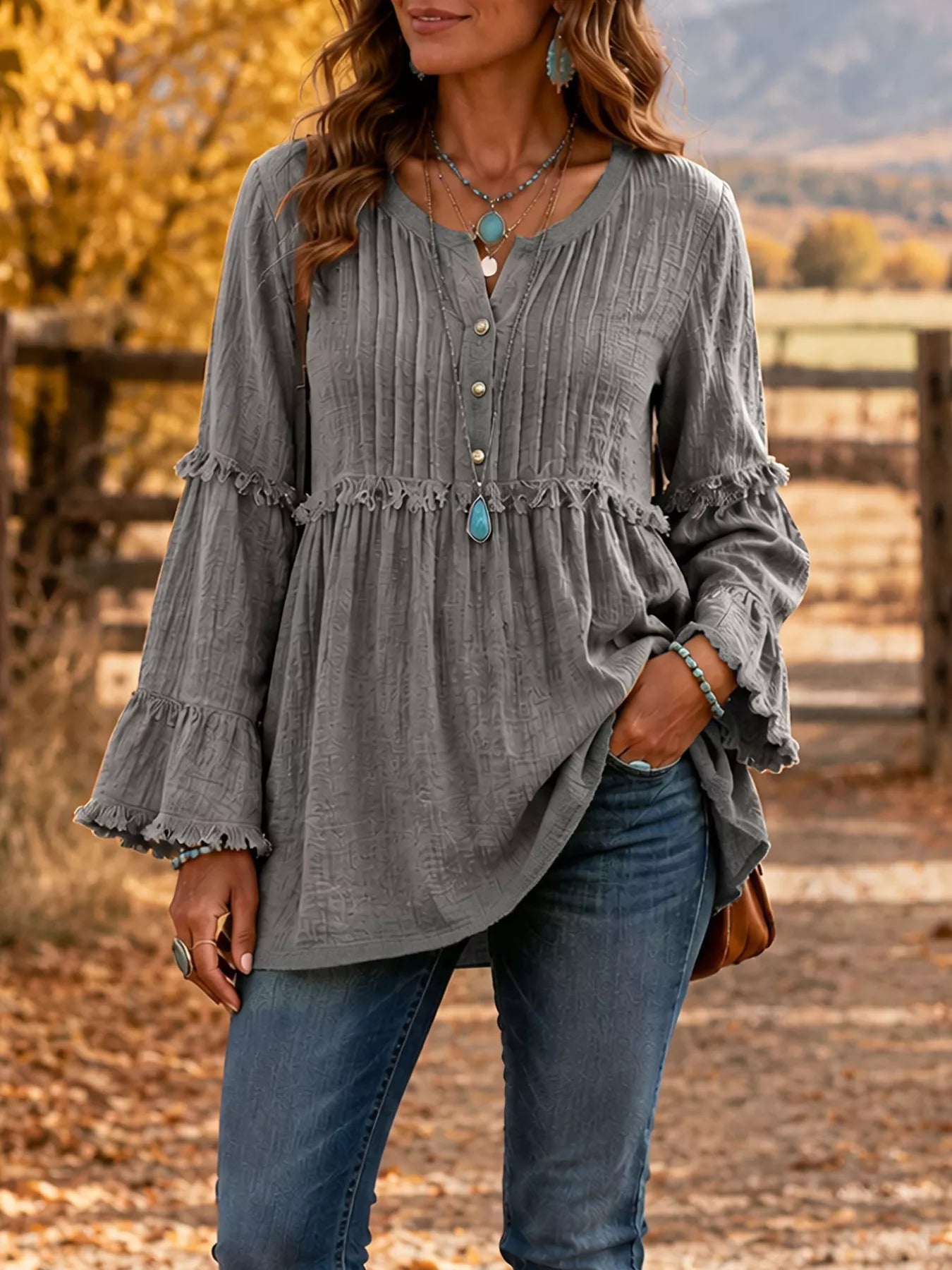 Full Size Frill Notched Long Sleeve Blouse Plus Size