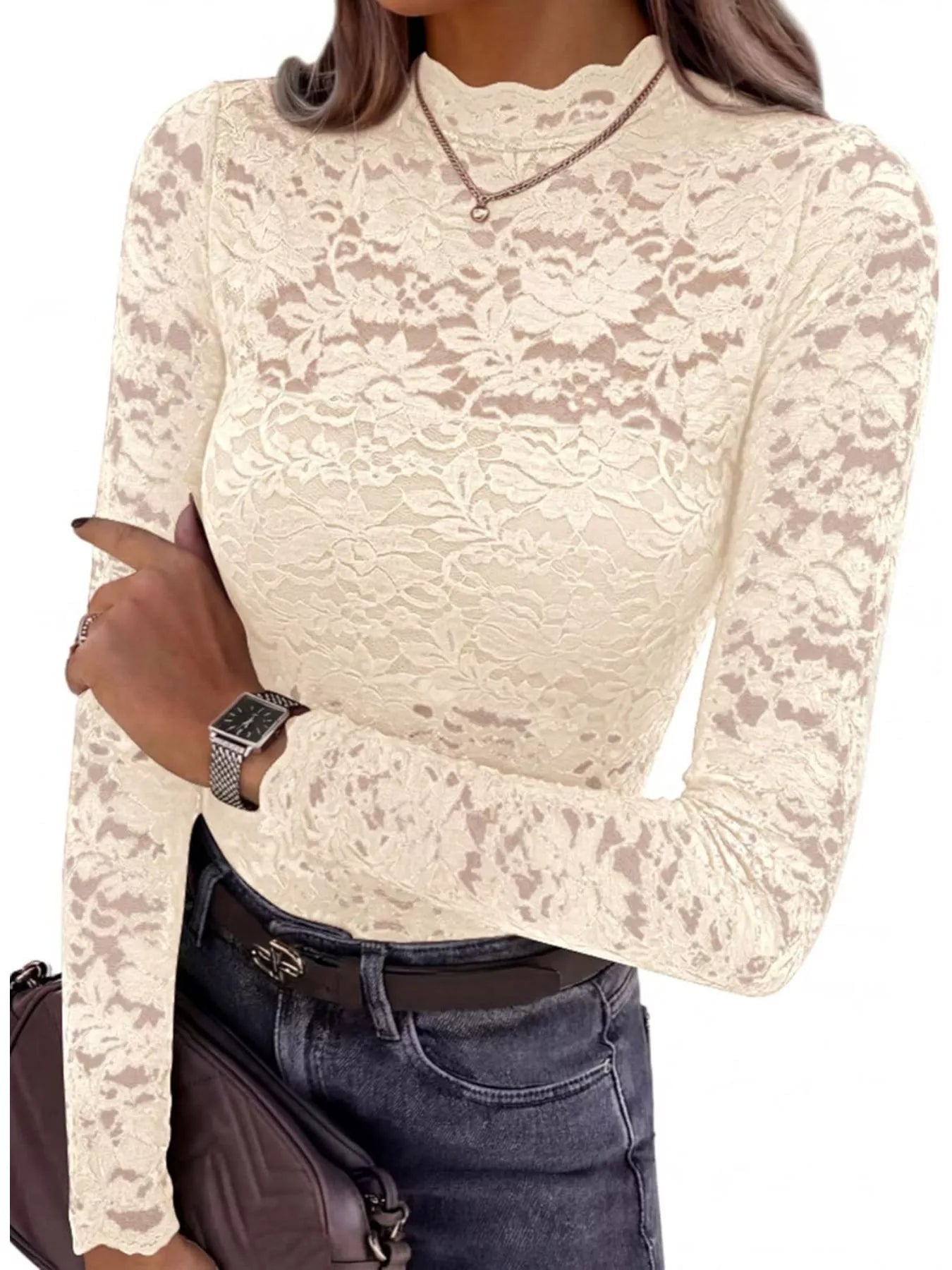 Lace Mock Neck Long Sleeve Top