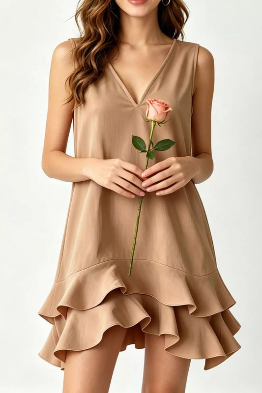 Full Size Sleeveless V-Neck Ruffle Hem Mini Dress Plus Size