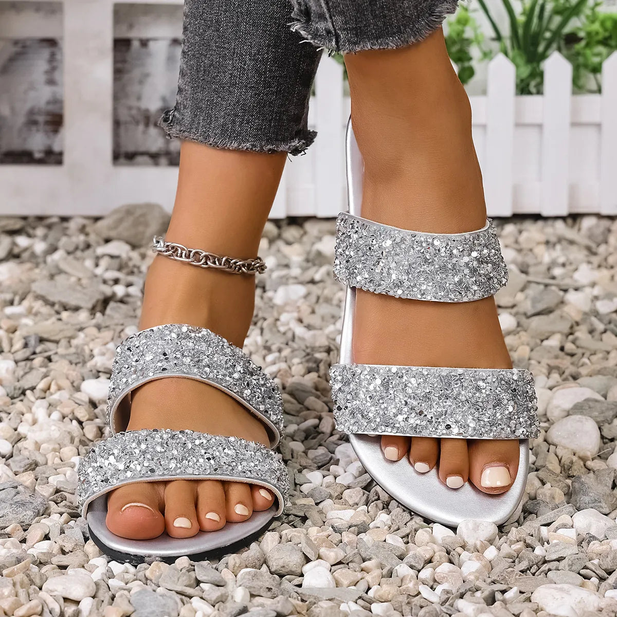 Sequin Open Toe Flats Sandals