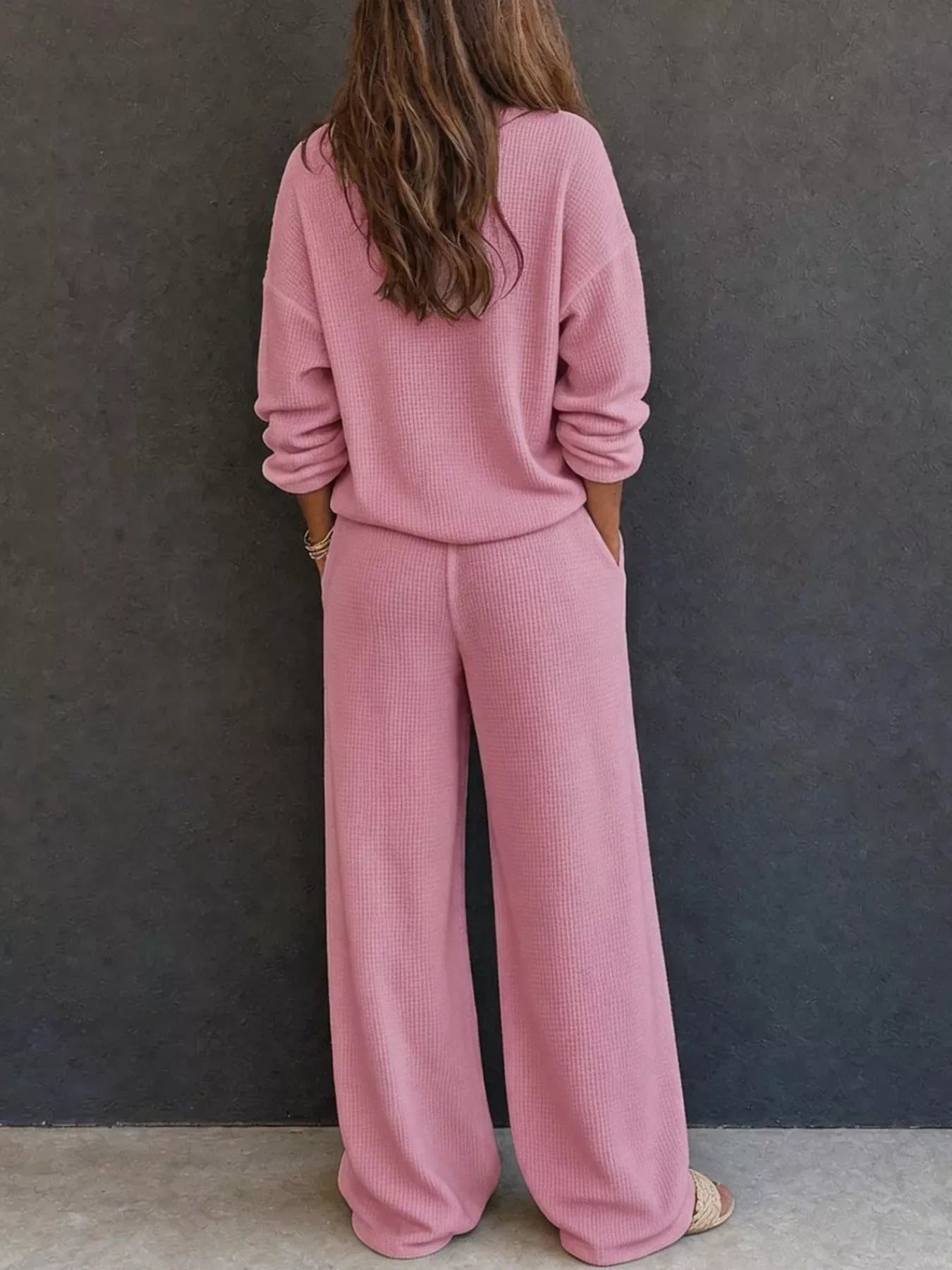 Waffle Knit Henley Top and Wide Leg Pants Set