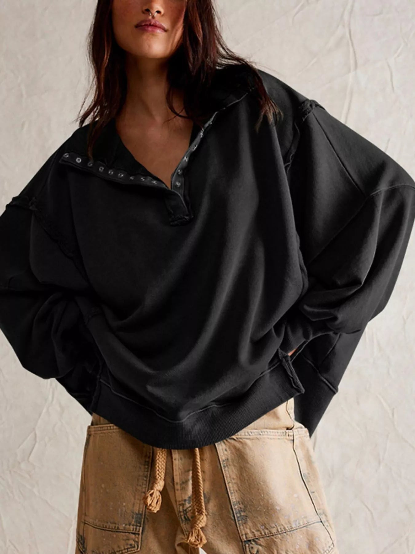 Snap-Button Dropped Shoulder Sweatshirt