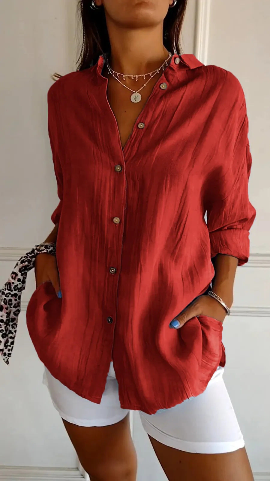 Women's Oversized Lapel Button-Down Shirt with Pleated Back