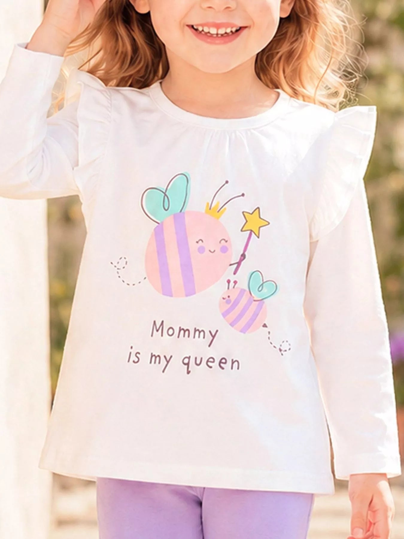 Children's Cute Bee Print Long Sleeve T-Shirt with Ruffle Details