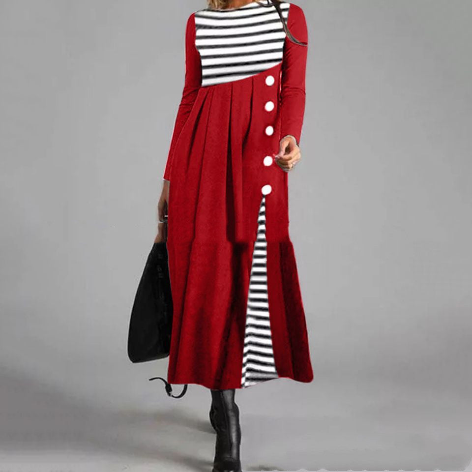 Fashion Retro Large Size Slim Hepburn Striped Dress