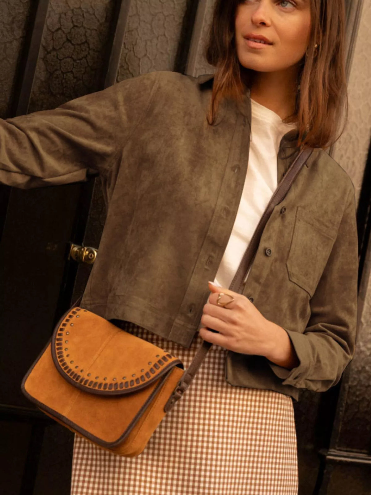 Cropped Faux Suede Button-Down Jacket