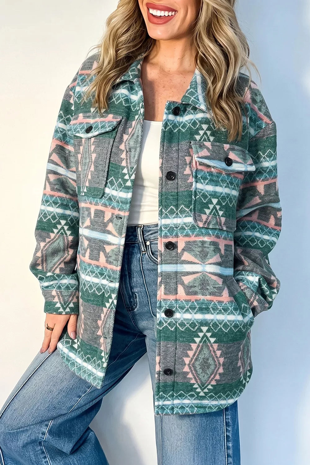 Geometric Print Button Front Long Sleeve Shacket