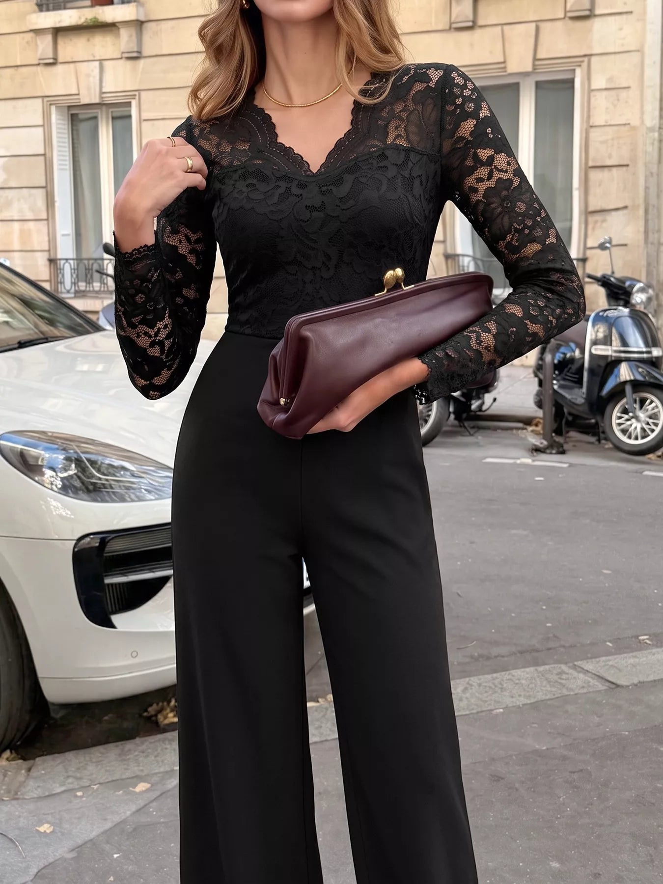 Lace Long Sleeve Wide-Leg Jumpsuit