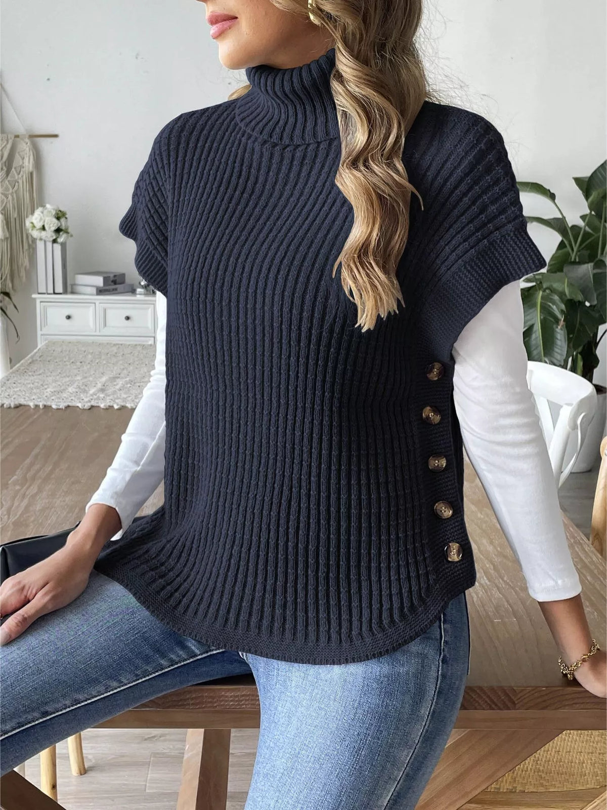 Ribbed Turtleneck Sweater with Side Button Detail