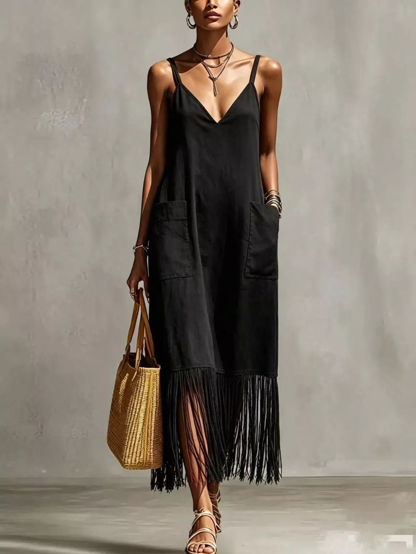Full Size Fringe V-Neck Spaghetti Strap Dress Plus Size