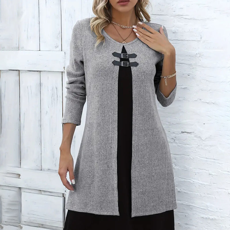 Women's Color-Block Midi Dress, Long Sleeve Faux Two-Piece Daily Dress (See size chart where applicable)