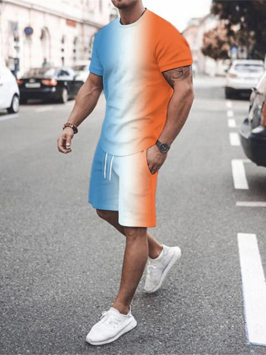 Men's Full Size Gradient Color Casual Tee and Shorts Plus Size Set