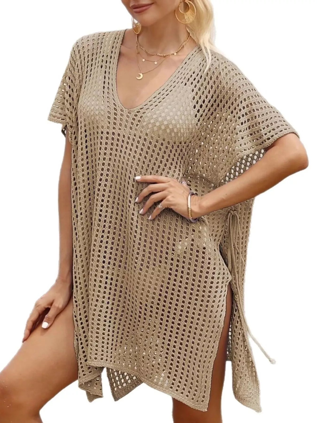 Openwork V-Neck Slit Cover-Up