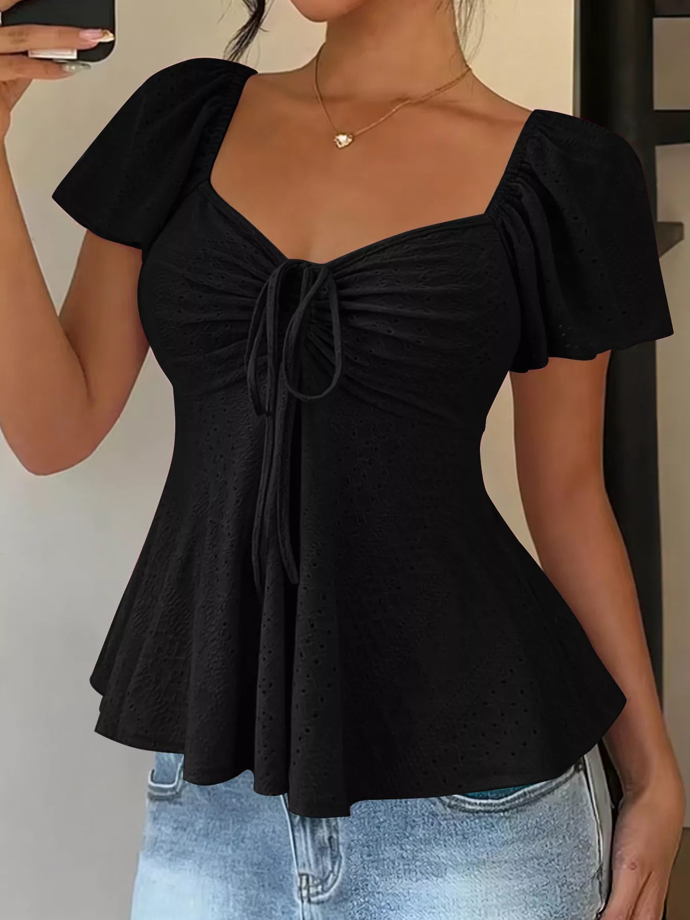 Sweetheart Neck Flutter Sleeve Top