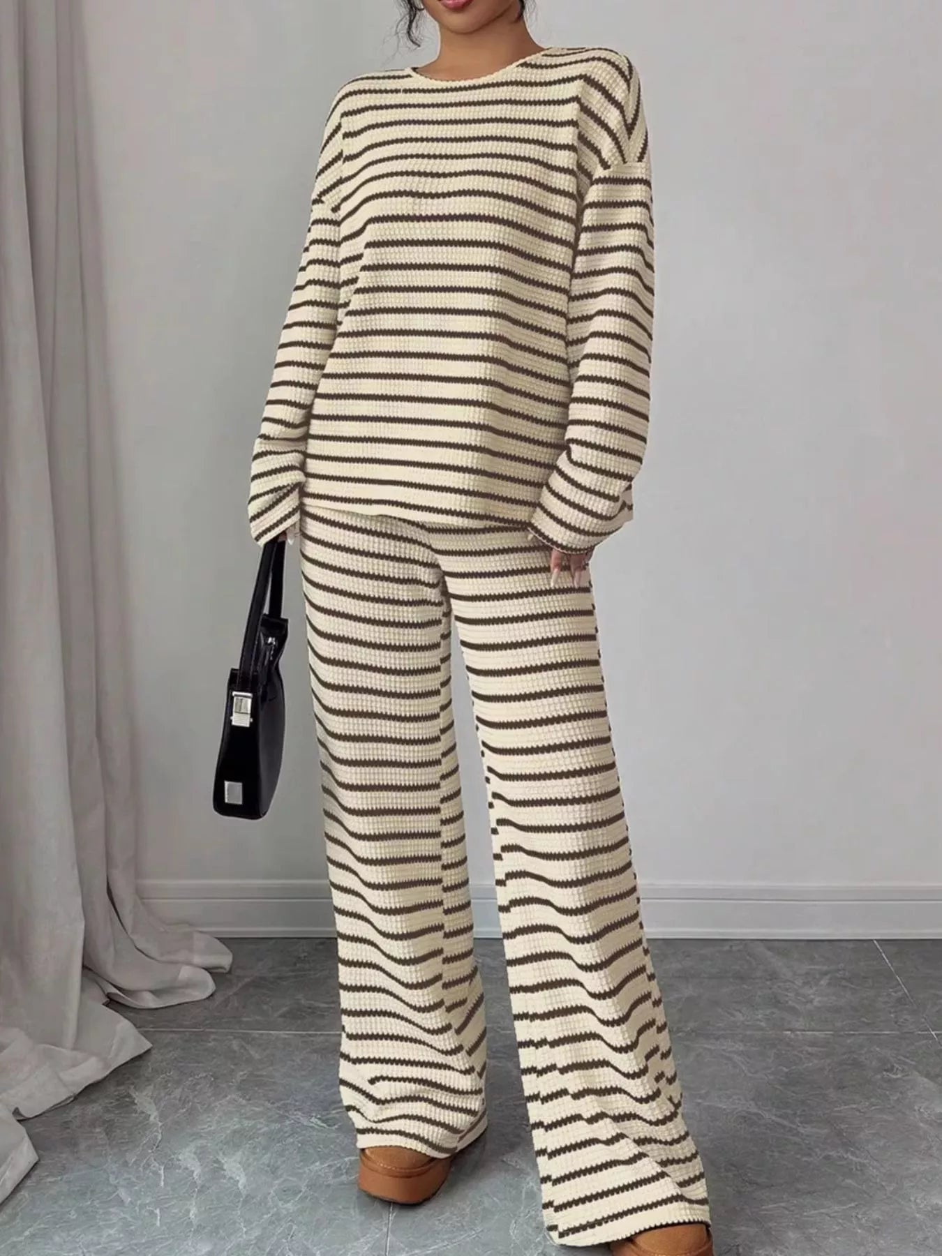 Striped Knit Dropped Shoulder Top and Pants Set