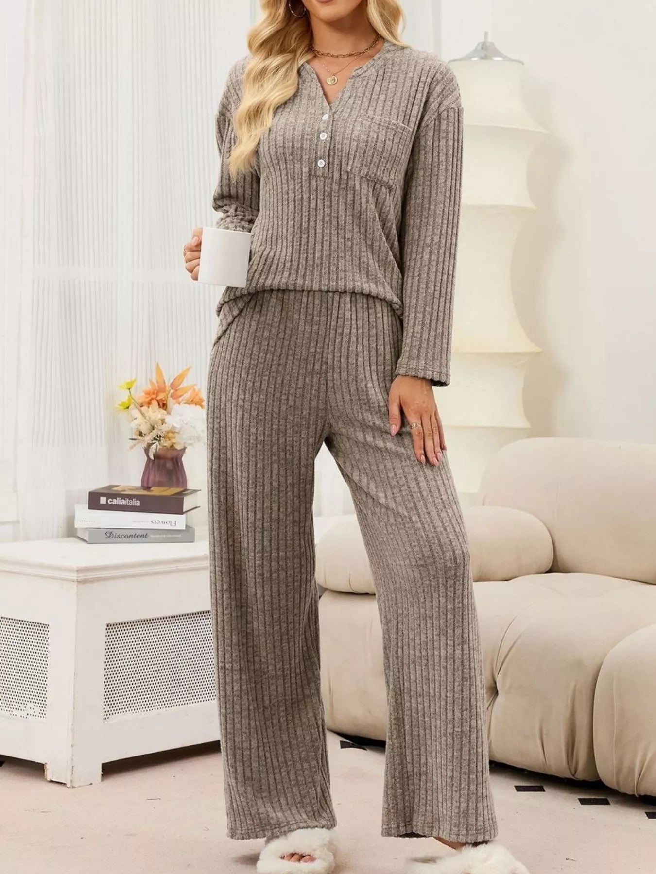 Ribbed Knit Top and Wide-Leg Pants Set