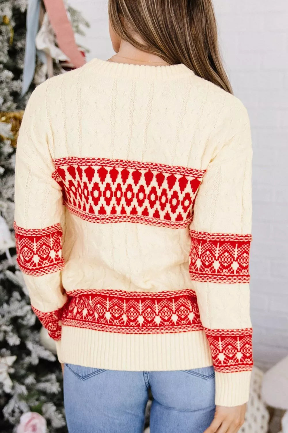 Western Print Round Neck Long Sleeve Shift Sweater
