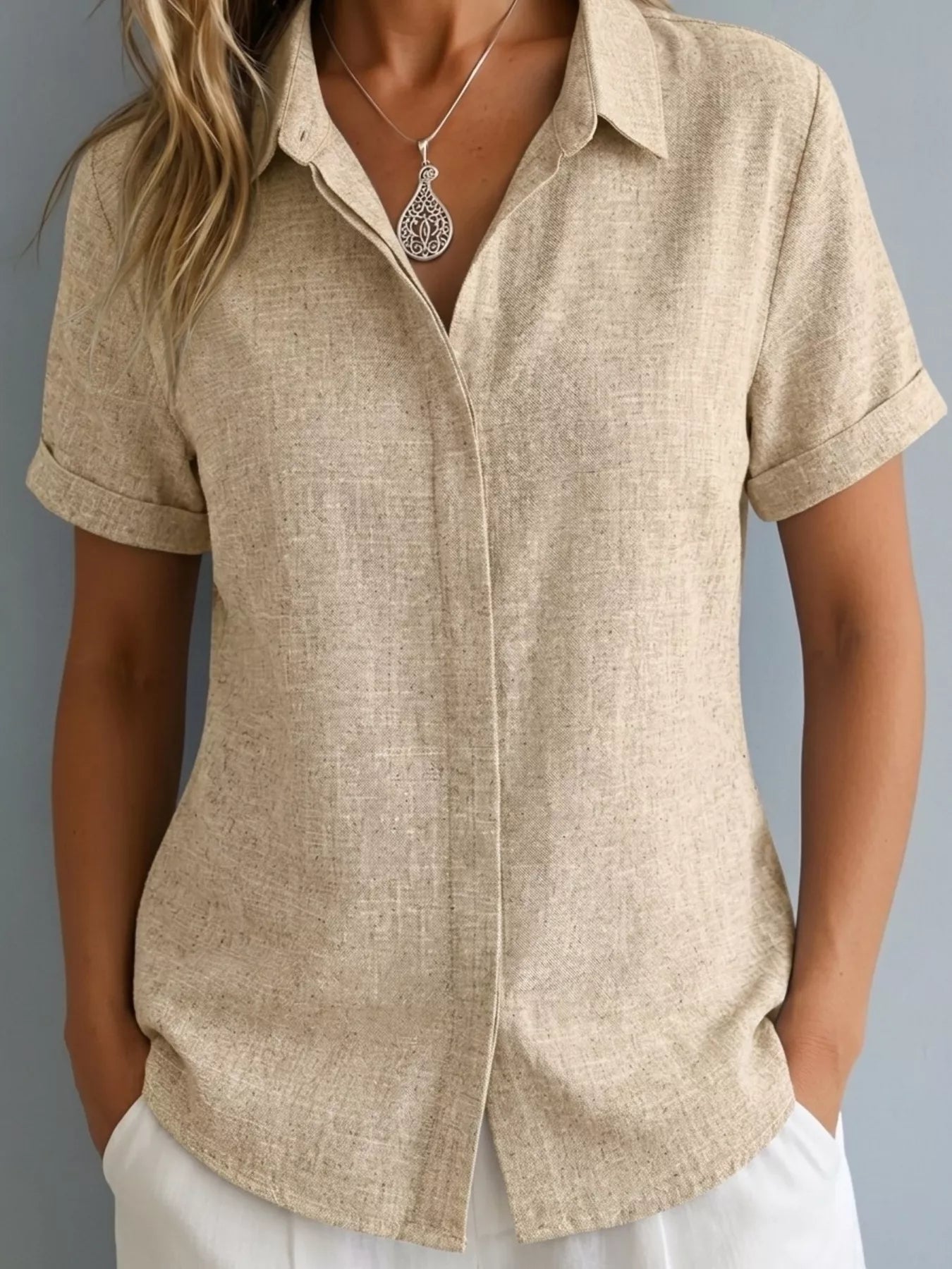 Full Size Collared Neck Short Sleeve Shirt Plus Size