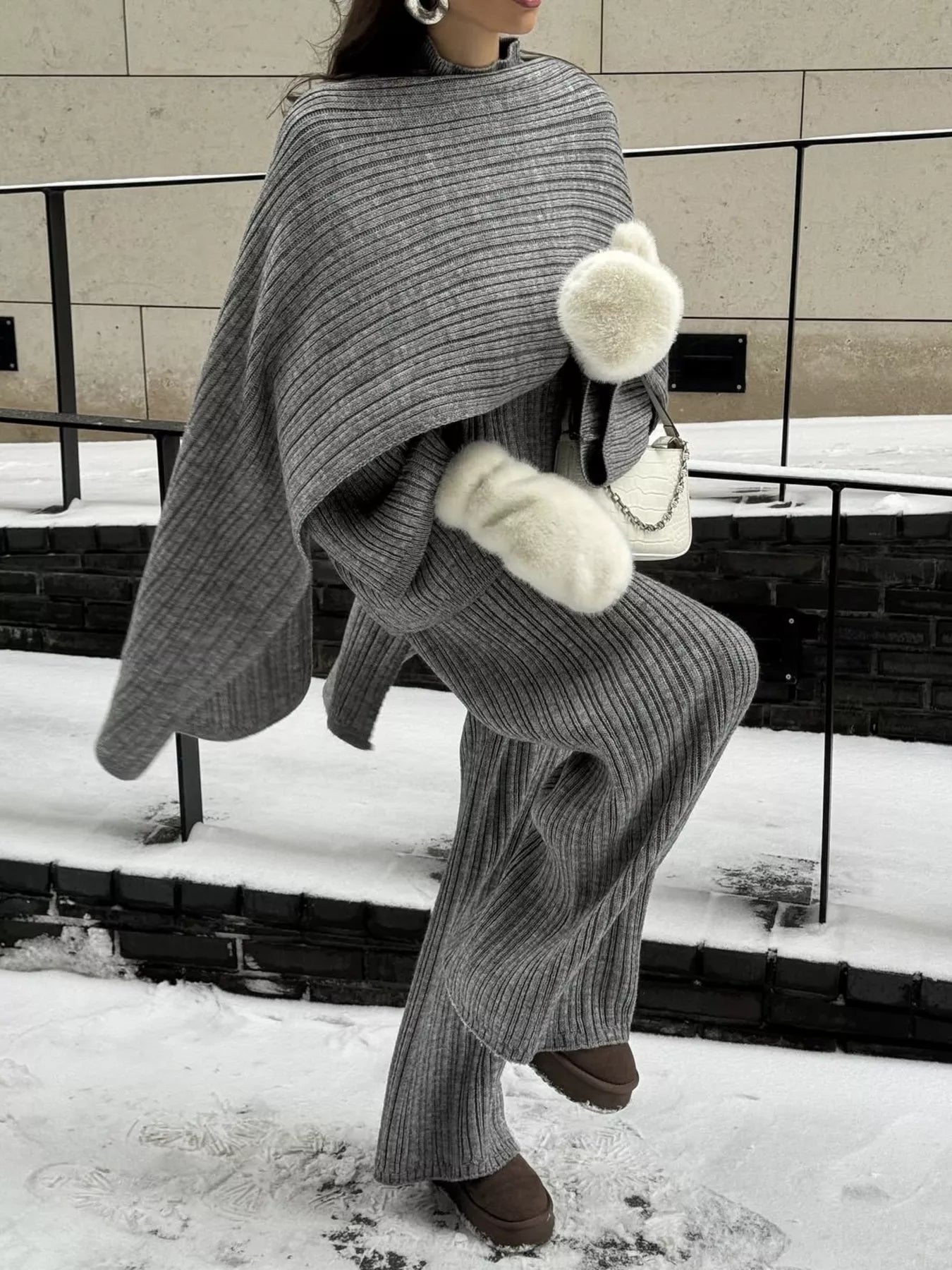 3-Piece Crew Neck Ribbed Sweater and Wide-Leg Pants Set with Scarf