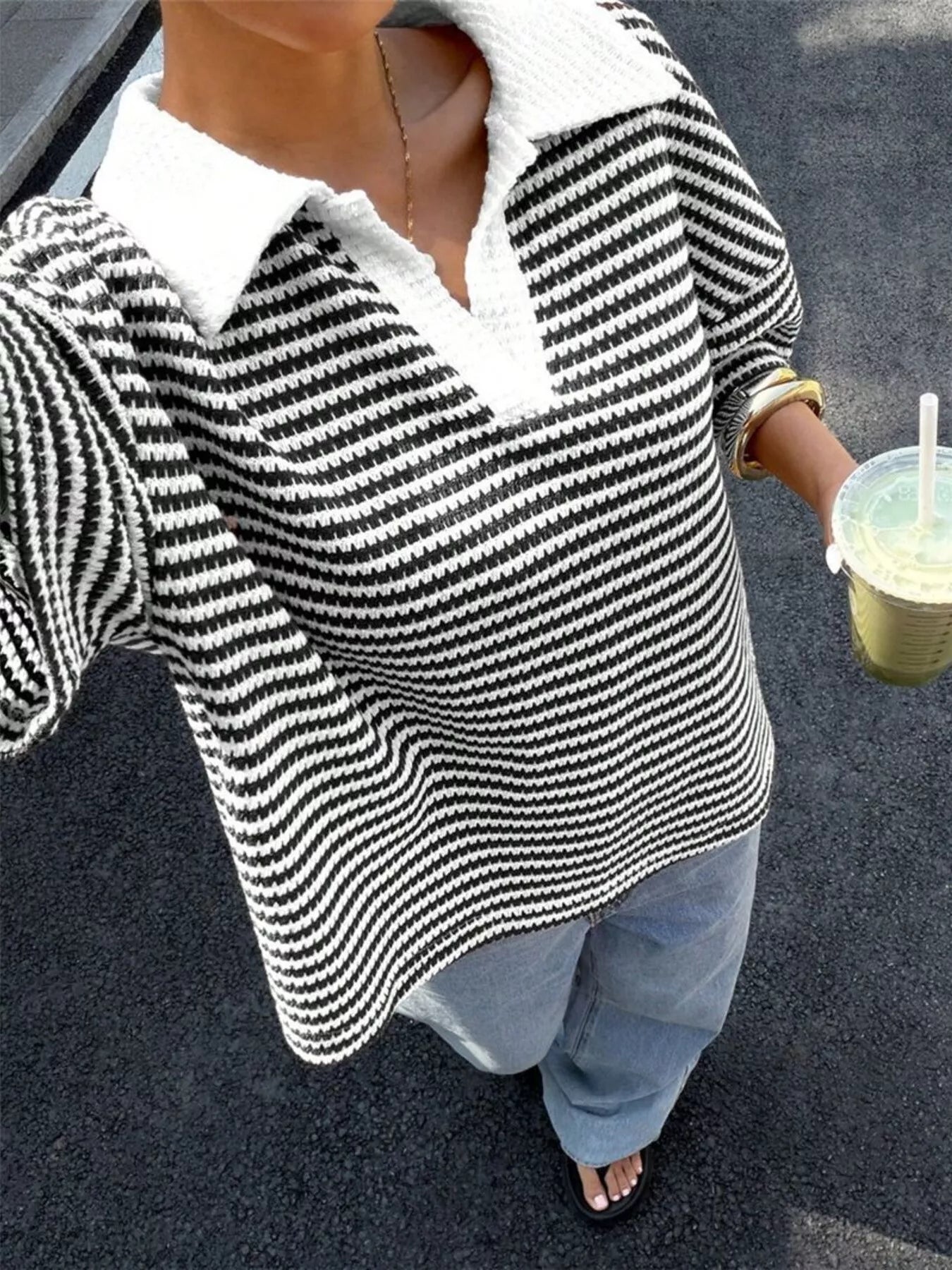 Striped Knit 3/4 Sleeve Polo Top