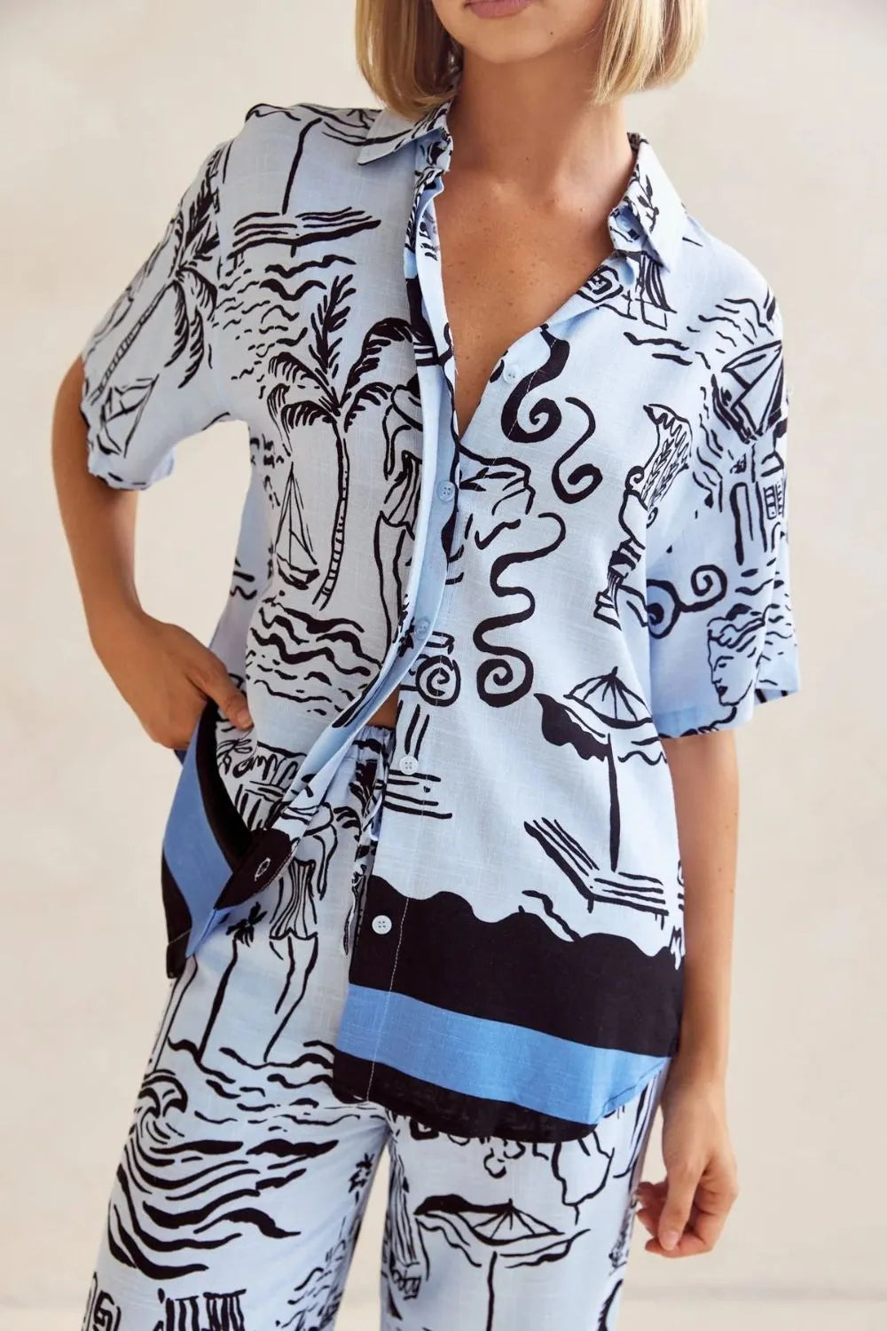 Printed Button Up Shirt and Pants Set Plus Size