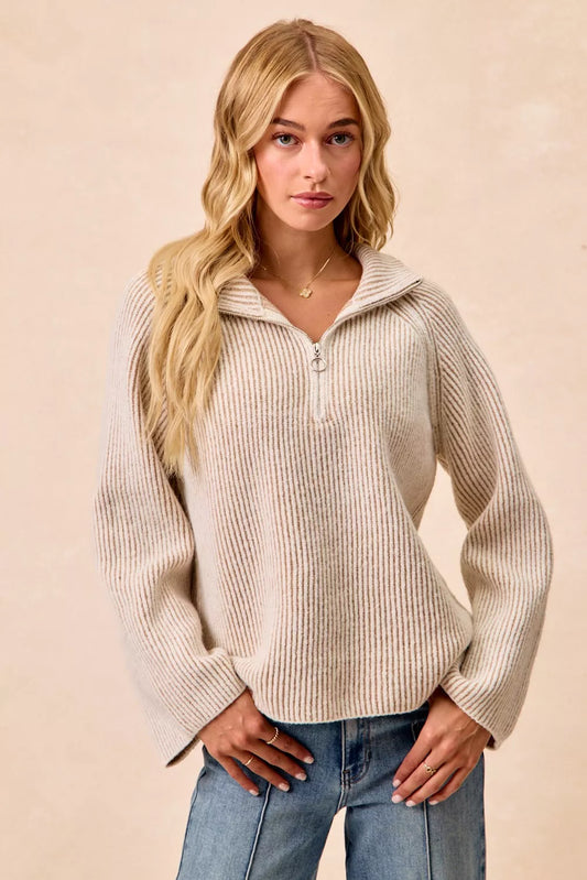 BiBi Two Tone Rib Texured Knit Collared Top with Zip Up