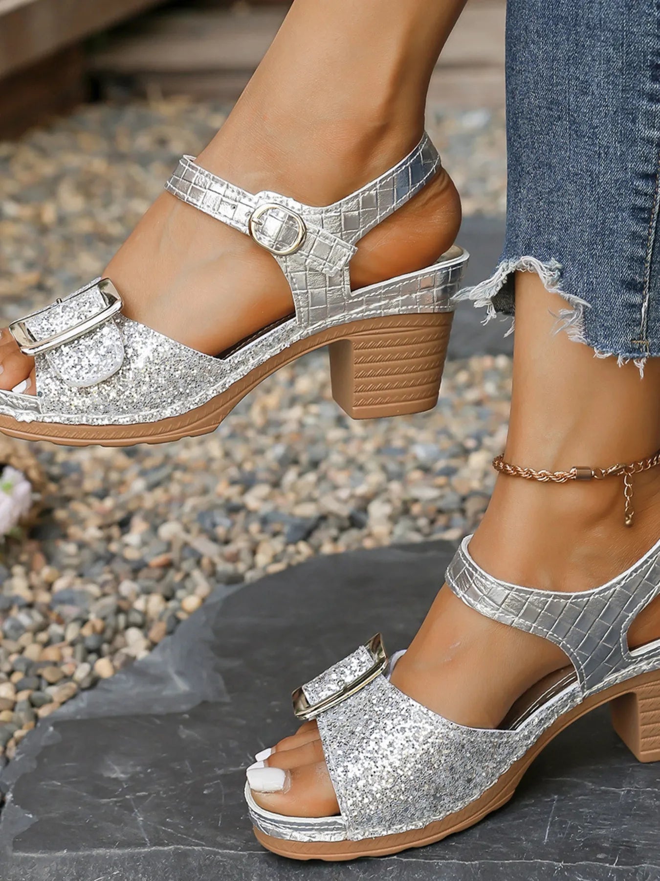 Glitter Block Heel Buckle Sandals