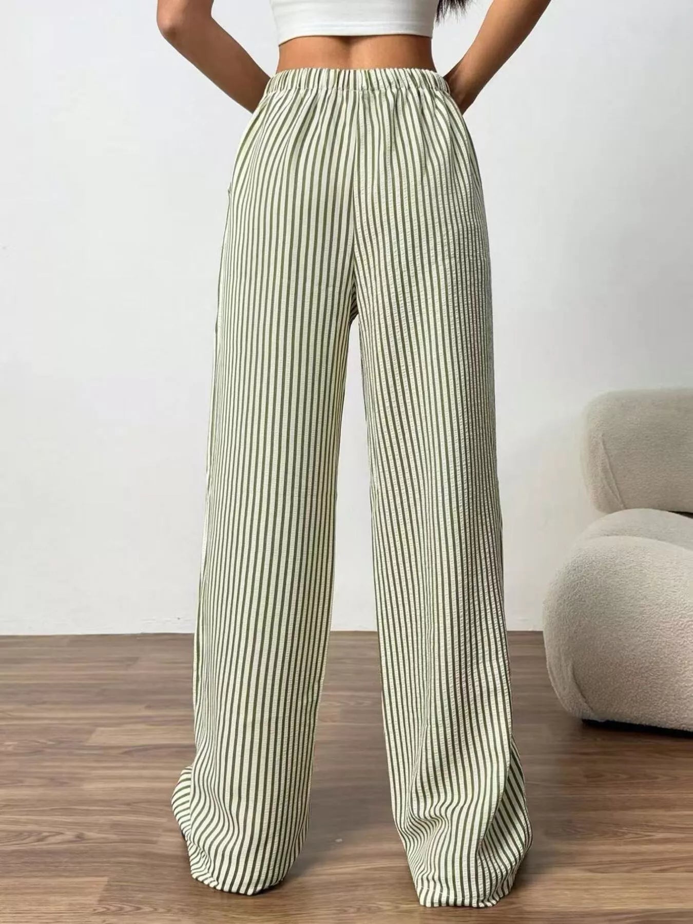 Full Size Striped Drawstring Waist Wide Leg Pants Plus Size