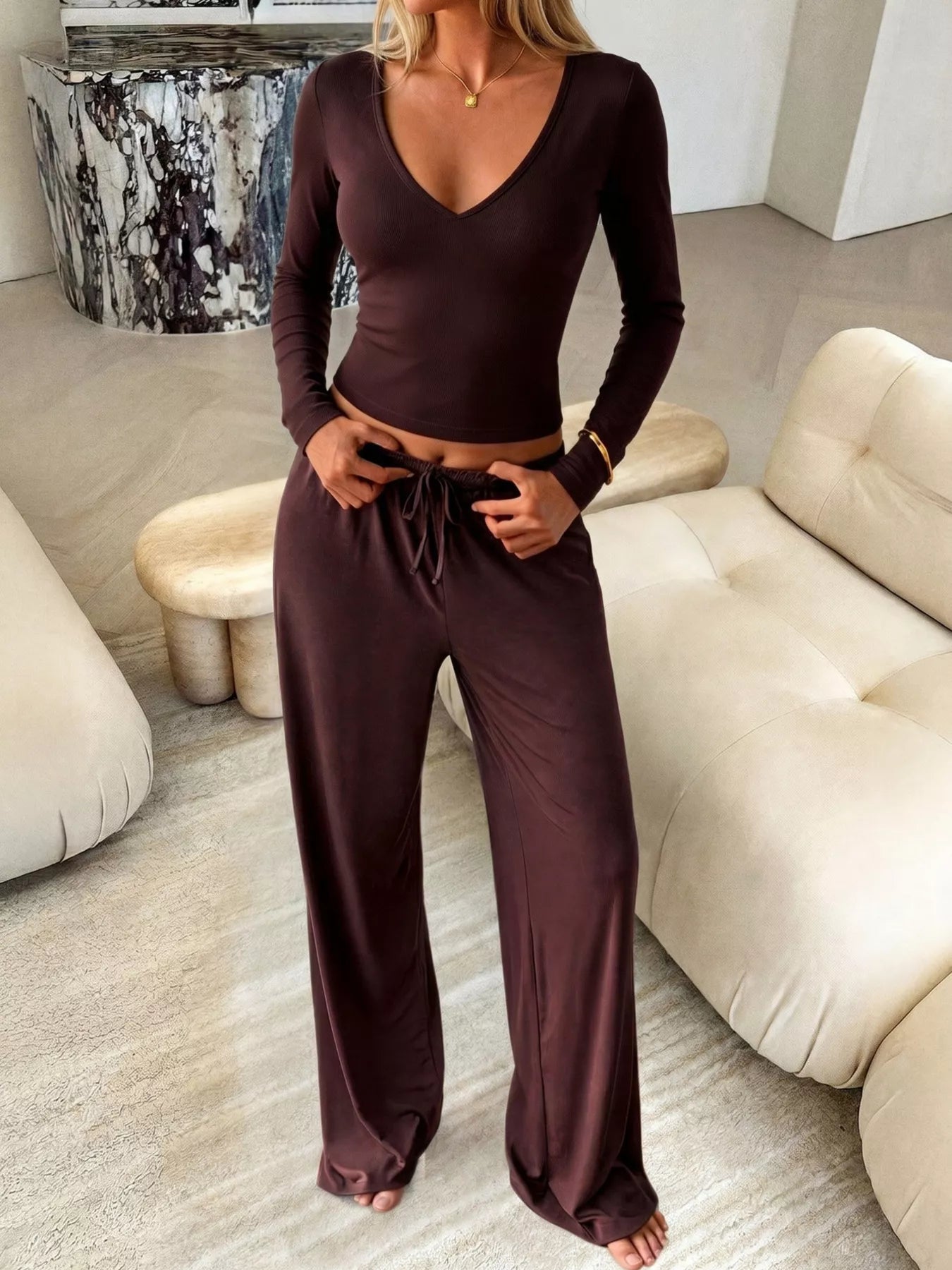 V-Neck Long Sleeve Top and Wide-Leg Pants Set