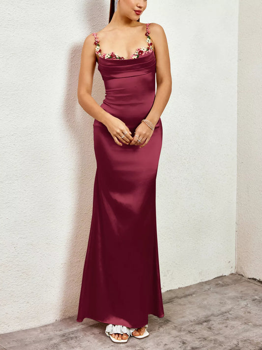 Floral Trim Satin Maxi Dress