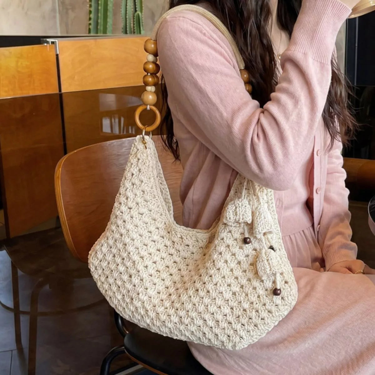 Crochet Knit Beaded Strap Shoulder Bag