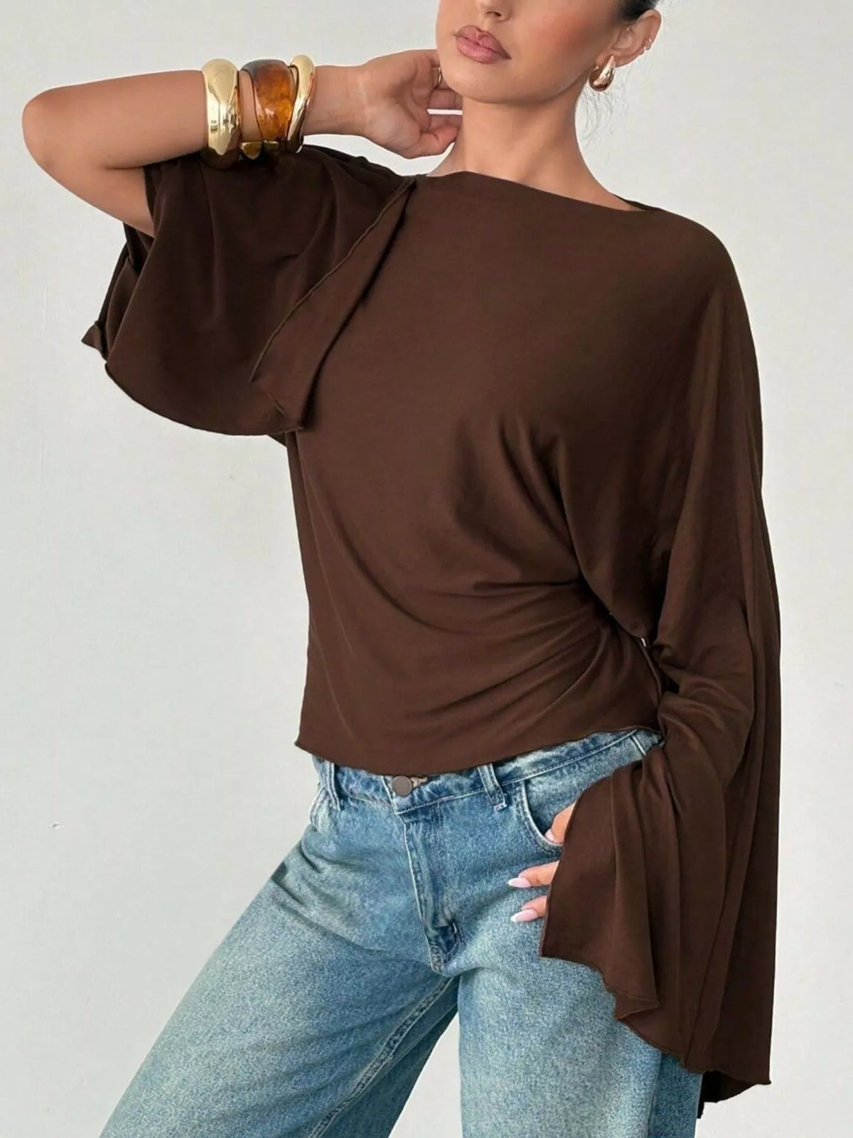 Boat Neck Slit Batwing Sleeve Top
