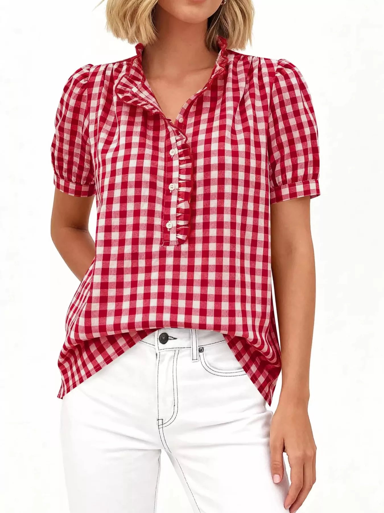 Gingham Button Front Puff Sleeve Blouse
