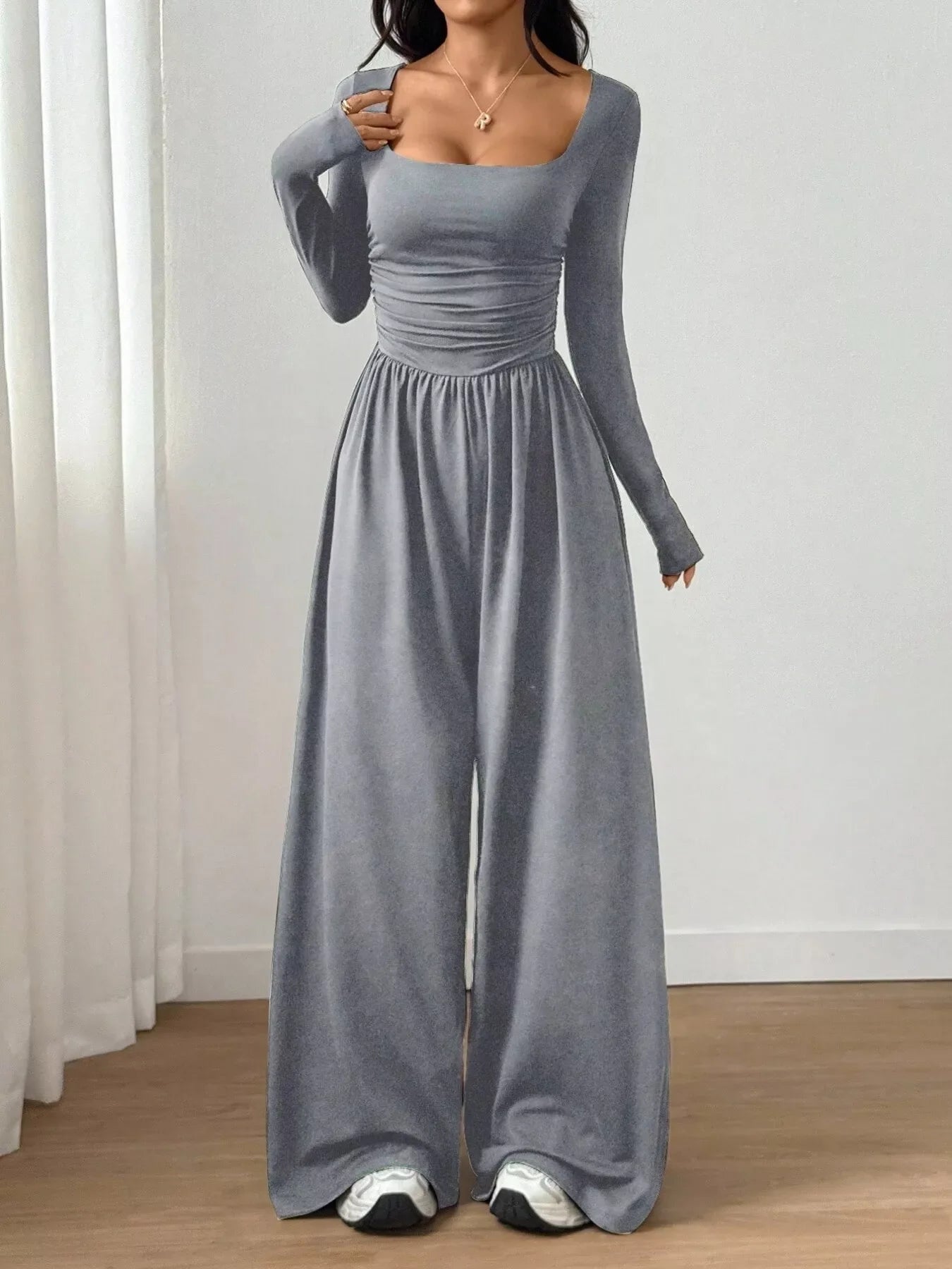 Ruched Square Neck Wide-Leg Jumpsuit